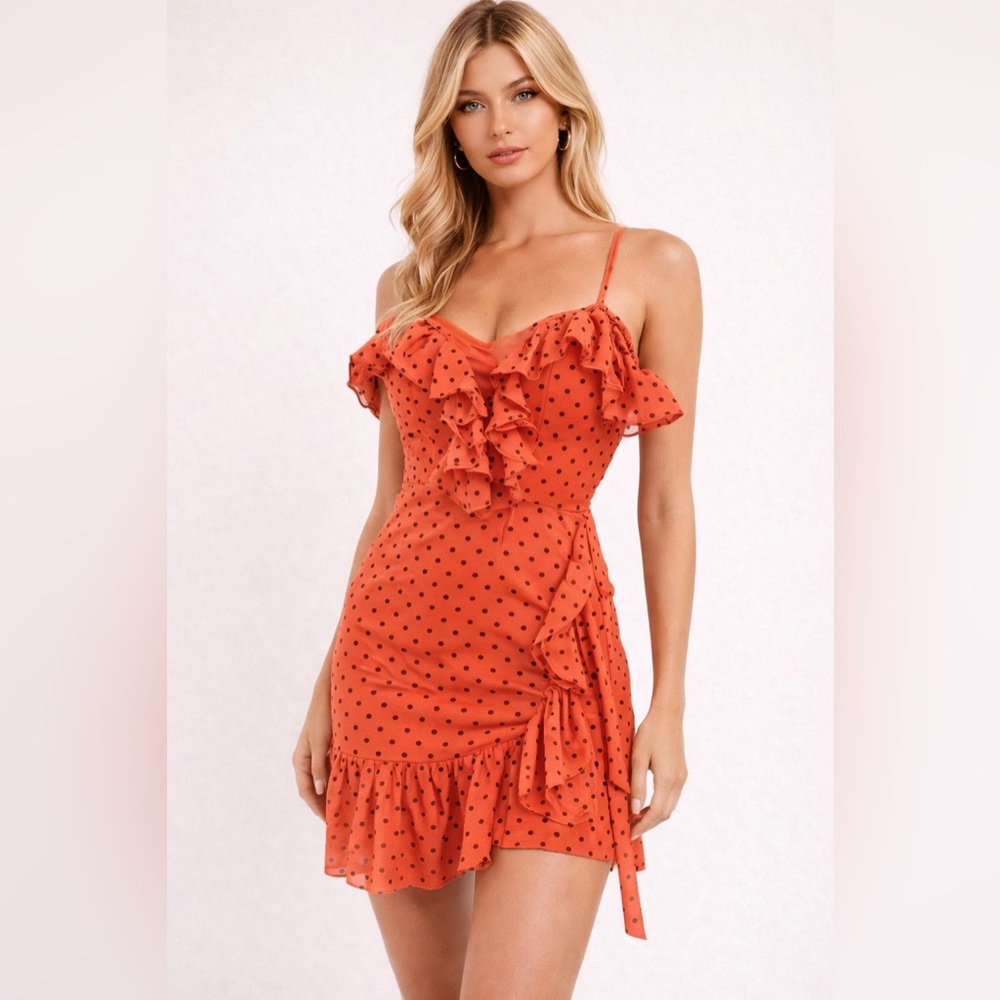 Angel Biba Coral Polka Dot Ruffle Mini Dress